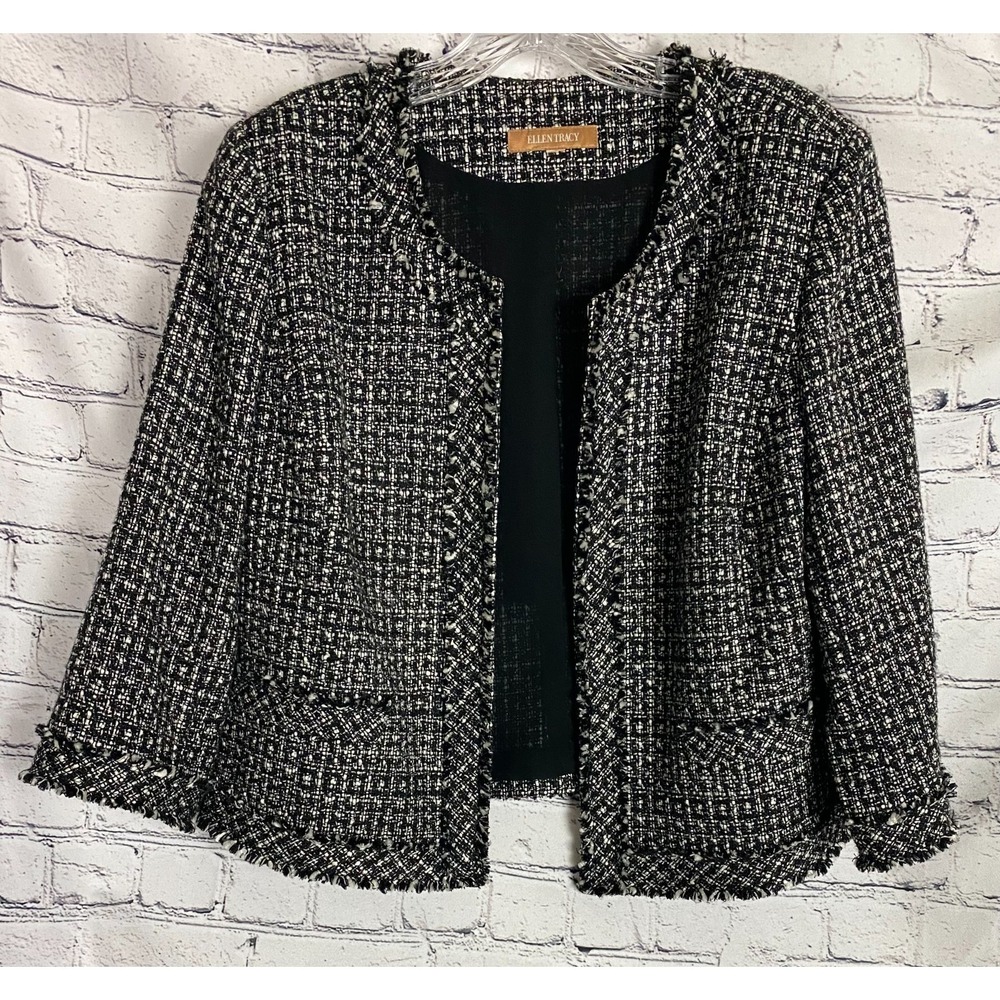 Ellen Tracy Womens Blazer Jacket XL/16 Black White Tweed Career Preppy Office
